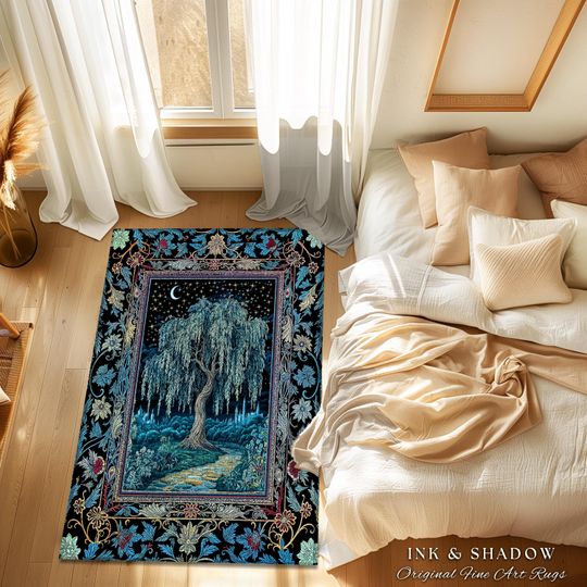 Starry Night Weeping Willow Tree Rug | Woodland Folklore Aesthetic Moonlit Castle Fairytale Decor Ethereal Witchy Home Interior Accent Boho