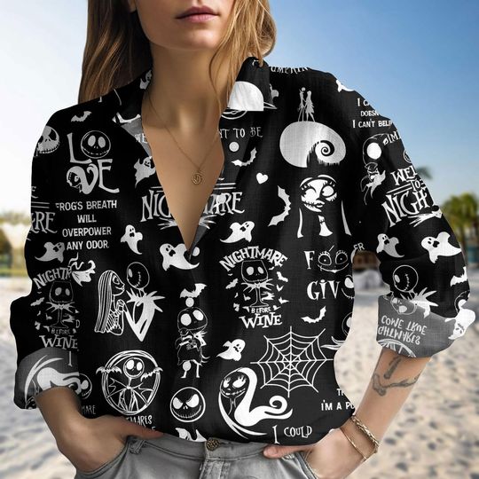 Halloween Jack And Sally Blouse Shirt, Nightmare Before Christmas Women Shirt, Jack Skellington Shirt For Her, Horror Movie Gift