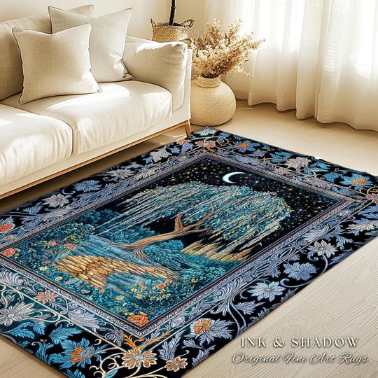 Crescent Moon Medieval Forest Rug | Weeping Willow Tree Fairytale Castle Garden Folklore Decor Celestial Home Accent Witchcore Aesthetic