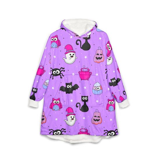 Discover Halloween Hooded Blanket: Ghosts & Cats Design - Cozy Polyester Fleece
