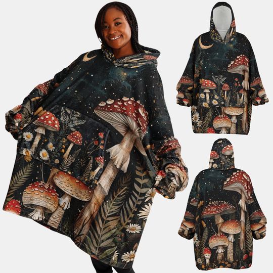 Discover Dark Cottagecore Mushroom Hooded Blanket-Fleece Lined, Fairycore Aesthetic Oversized Wearable Blanket, Witchy Gifts for Mushroom Lovers