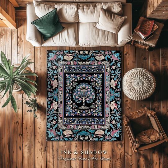Timeless Folklore Tree Accent Rug | Gothic Floral Medieval Ornate Nature Motif Romantic Garden Aesthetic Tapestry Decor Maximalist Home |
