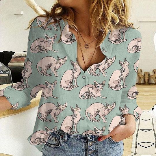 Sphynx Cat Linen-Look Shirt, Cat Women Shirt, Cat Blouse Women Shirt, Cat Lover Shirt, Cat Owner Shirt, Shirts For Women, Linen Blouse