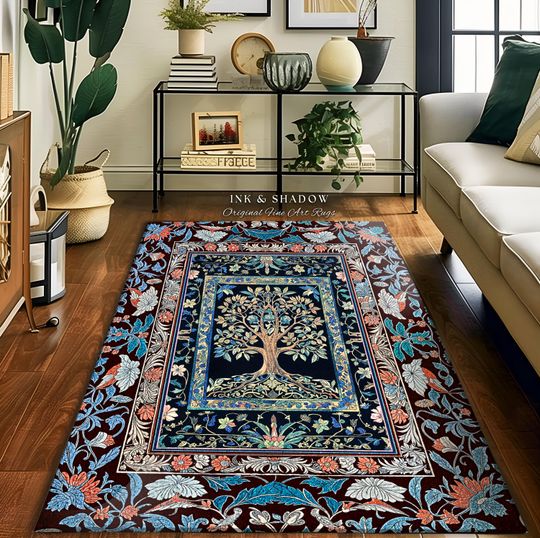 Discover Indie Eclectic Medieval Tree of Life Rug | Baroque Botanical Bedroom Maximalist Floral Decor Folklore Inspired Design Cottagecore Bedroom |