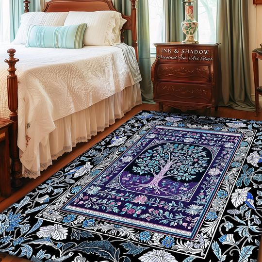 Discover Icy Blue Pastel Gothic Tree Area Rug | Dark Academia Home Accent Romantic Botanical Vintage Floral Maximalist Cottagecore Decor Style Gothic