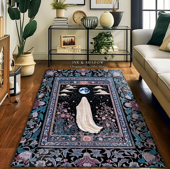 Moody Midnight Ghost Area Rug | Gothic Aesthetic Harvest Moon Spirit Whimsigoth Halloween Cottagecore Cozy Decor Botanical Witchy Accent |