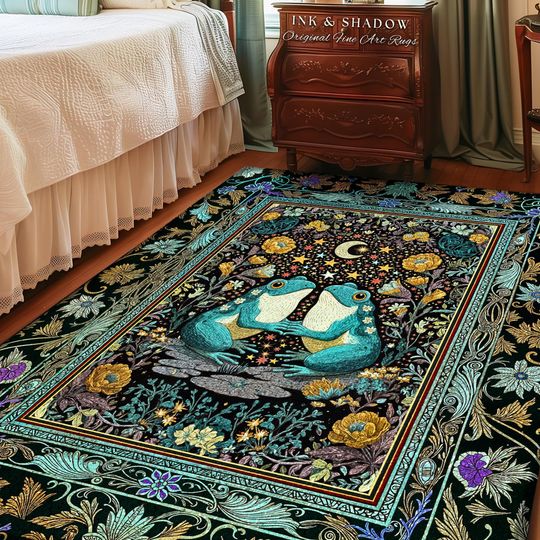 Frog and Toad Celestial Area Rug | Dark Cottagecore Whimsigoth Aesthetic Goblincore Bedroom Mystic Theme Enchanted Forest Botanical Folklore