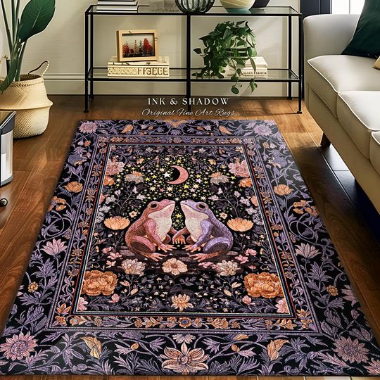 Soft Fairycore Moonlit Frog Accent Rug | Purple Whimsical Home Decor Cottagecore Bedroom Enchanted Garden Whimsigothic Mystical Aesthetic |