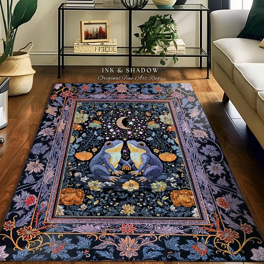 Dark Botanical Twilight Frogs Area Rug | Mystical Folklore Bedroom Whimsigoth Aesthetic Cottagecore Fairycore Creatures Bohemian Celestial |