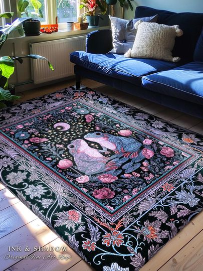 Discover Dreamy Lavender Woodland Area Rug | Boho Fairycore Bedroom Accent Cute Frog Couple Mystic Theme Pastel Purple Decor Whimsigothic Aesthetic