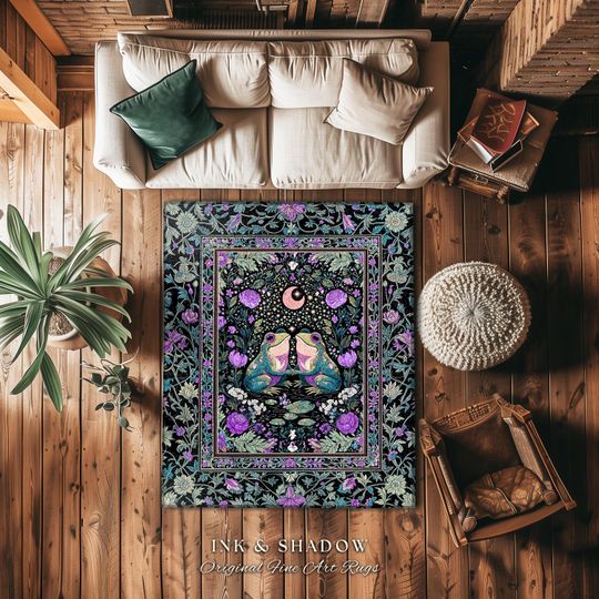 Discover Cute Boho Aesthetic Frog Couple Rug | Whimsical Style Home Accent Rug Enchanted Forestcore Bedroom Cottagecore Decor Fairycore Theme Moody