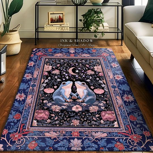 Discover Fairy Aesthetic Frog Couple Accent Rug | Mystic Bedroom Area Fairycore Theme Cottagecore Elegance Enchanted Night Whimsigothic Floral Pastel