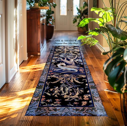 Mystic Moody Dragon Runner Rug | Ethereal Botanical Woodland Magic Fantasy Theme Bedroom French Baroque Fantasy Tree Entryway Rug Blue Hues
