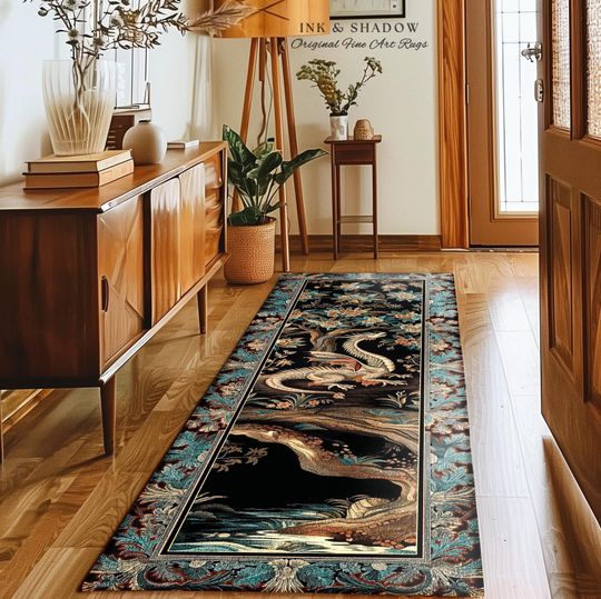 Discover Dark Nature Enchanting Dragon Art Exotic Home Decor Mystical Fantasy Dragon Runner Rug | Ethereal Woodland Magical Creature Goblincore Rugs