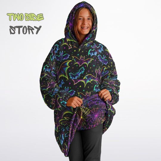Discover Halloween Print Neon Cobweb Bats Reversible Kids Snug Hoodie,Oversized Double Sided Youth Hoodie Blanket,Warm Blanket Sleeves,Unique Gift