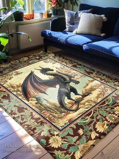 Discover Dark Maximalist Dragon Bedroom Rug | Victorian Floral Woodland Fairytale Accent Rug Whimsigothic Dark Academia Decor Mystic Folklore Decor |
