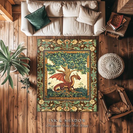 Discover Medieval Enchantment Rustic Bedroom Rug | Whimsical Woodland Dragon Theme Mystical Tree of Life Decor Magical Forest Whimsigothic Accent Rug