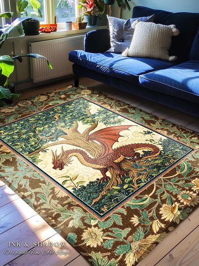 Discover Dark Botanical Dragon Accent Rug | Ethereal Aesthetic Whimsigothic Dark Academia Decor Crowcore Fairytale Witchy Bedroom Victorian Gothic