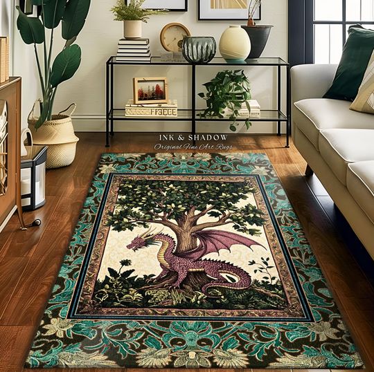 Rustic Bohemian Medieval Theme Rug | Tree of Life Bedroom Floor Accent Whimsical Medieval Dragon Rug Storybook Folklore Aesthetic Victorian