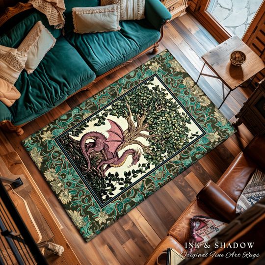 Discover Mystic Academia Dark Medieval Dragon Area Rug | Enchanted Gloomy Ethereal Botanical Bedroom Goblincore Style Fairytale Storybook Cottagecore