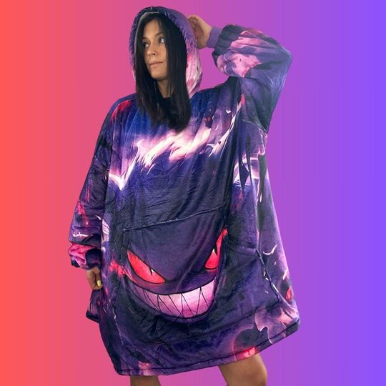 Gengar Oversized Blanket Hoodie  Glow-Inspired Sherpa Hoodie for Adults & Kids