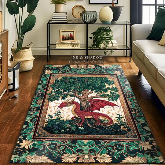 Discover Knight Aesthetic Dragon Accent Rug | Woodland Whimsical Storybook Fairytale Area Rug Botanical Victorian Middle Ages Enchanted Home Decor |