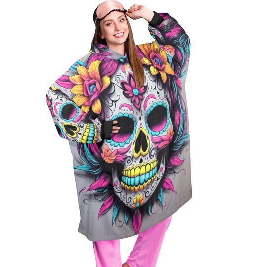 Blanket Hoodie personalized blankets hoodie that is a blanket Sugar Skull Da De Los Muertos Chicano Day of the Dead