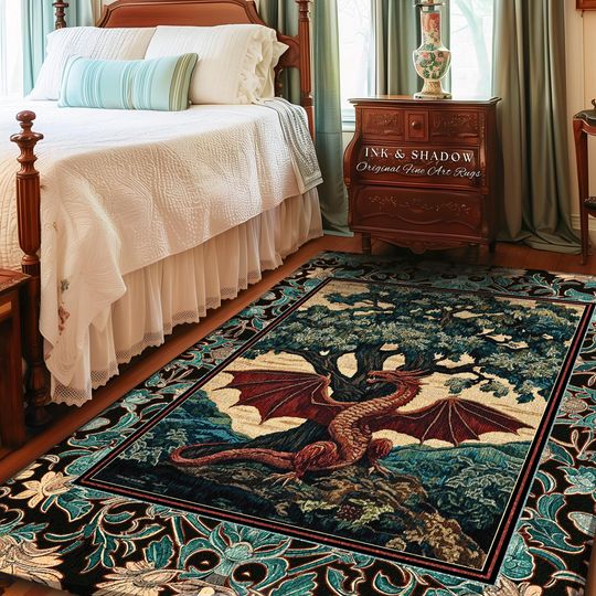 Discover Dark Magic Medieval Dragon Area Rug | Fantasy Aesthetic Gothic Baroque Bedroom Tree of Life Mythical Creatures Bedroom Book Nook Carpet Rug