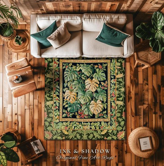 Discover Eclectic Maximalist Monstera Area Rug | Dark Floral Houseplant Lover Botanical Whimsical Home Decor Tropical Aesthetic Housewarming Gift |