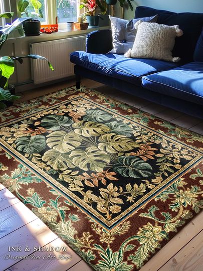 Discover Elegant Tropical Forest Floor Rug | Woodland Whimsy Botanical Accent Rug Emerald Green Romantic Home Decor Tropical Eclectic Aesthetic |