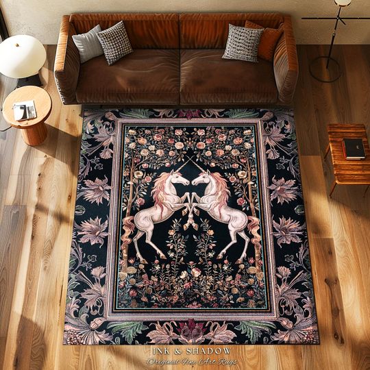 Floral Fairytale Ethereal Unicorn Area rug | Woodland Whimsy Fairy Home Accent Rug Whimsical Lavender Purple Decor Magic Cottagecore Cute |