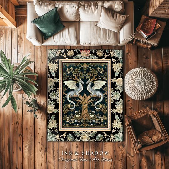Discover Mystical Victorian Dragon Rug Ornate Floral Art Nouveau Design, Enchanted Baroque Forest Fantasy | Medieval Gothic Cottagecore Accent Decor