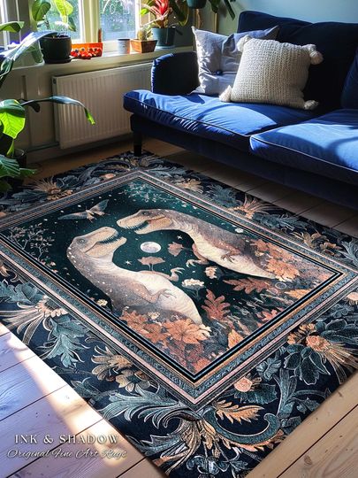 Discover Enchanted Moth Dinosaur Rug | Whimsical T-Rex Dino Home Accent Rug Enchanted Garden Moonlit Cottagecore Indigo Blue Jurassic Forestcore |