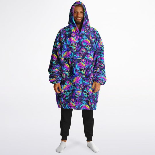Discover Unisex Neon Skulls Halloween Print Reversible Snug Hoodie,Festival Rave Party Wear,Oversized Double Sided Hoodie Blanket,Unique Gifts