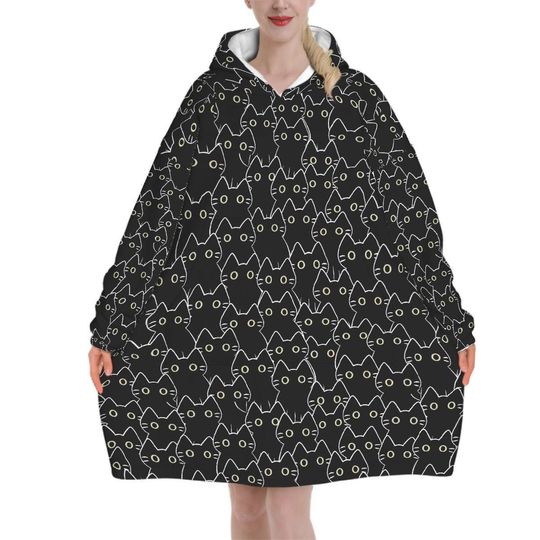 Discover Black Cat Blanket Hoodie, Boho Witchy Black Hooded Jumper, Kawaii Anime Cute Winter Fall Accessory