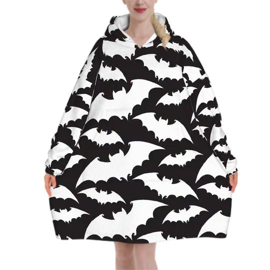 Black Bat Blanket Hoodie, Witchy Black Gothic Hooded Jumper for Women