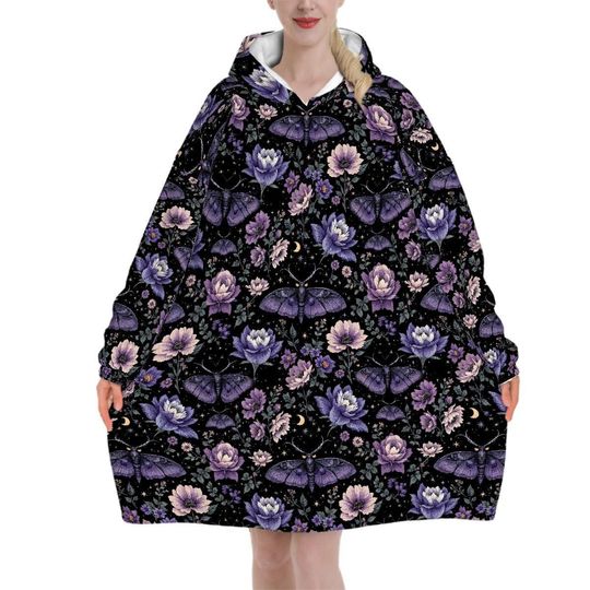 Discover Purple Butterfly Floral Blanket Hoodie, Pink Boho Witchy Black Hooded Jumper, Gothic Floral Cute Winter Fall Accessory
