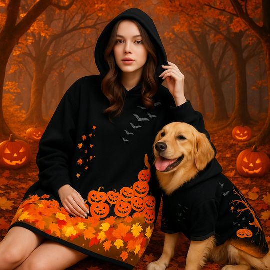 Matching Halloween Pet Hoodie & Blanket Hoodie Cat Dog Jumper Pumpkin Pet Costume Adult Halloween Costume Spooky Pet Parent Outfit Gothic