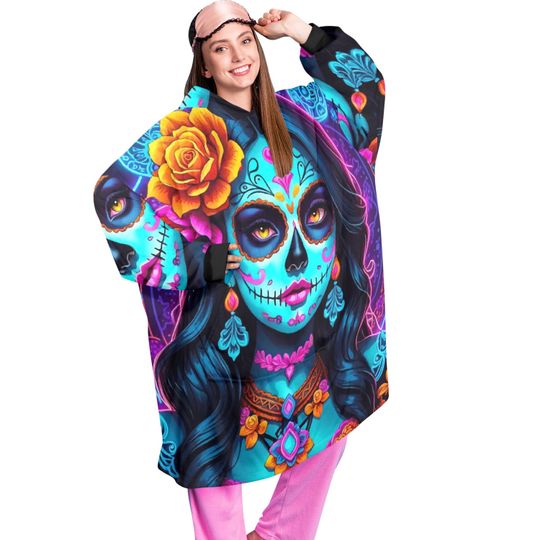 Discover Day of the Dead Blanket Hoodie Da De Los Muertos Neon Personalized Blanket