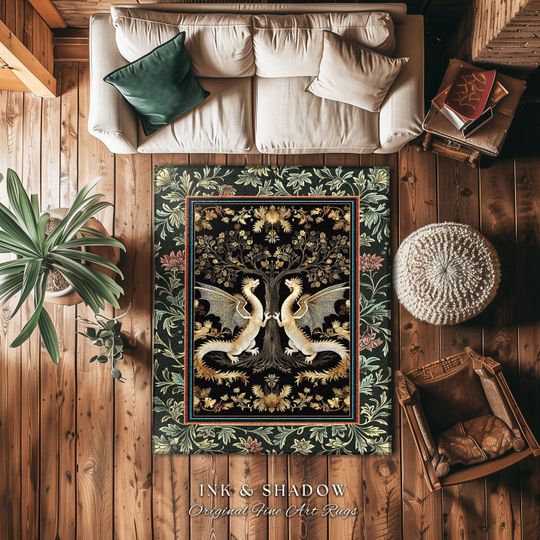 Discover Mystical Forest Dragons Rug Ornate Medieval Woodland Gothic Cottagecore Decor, Folklore Inspired Whimsigothic Botanical Baroque Aesthetic
