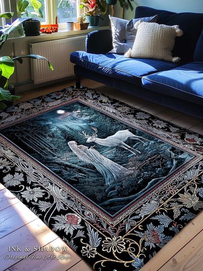 Discover Midnight Magic Moonlit Fantasy Rug | Forest Goddess Spirit Animal Fairycore Ethereal Accent Rug Folklore Inspired Nature Area Rug Whimsigoth