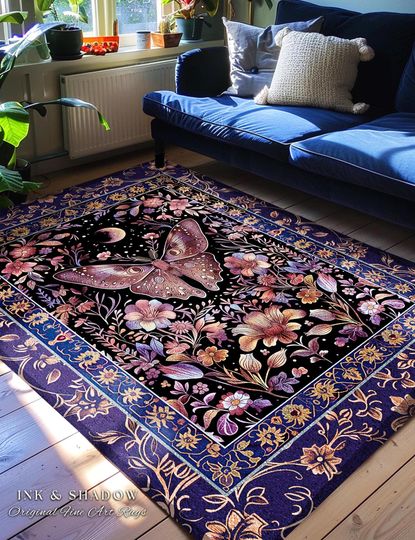 Witchy Botanical Moth Rug Whimsigothic Purple Floral Fairycore Aesthetic | Gothic Cottagecore Butterfly Celestial Moonlit Woodland Whimsy
