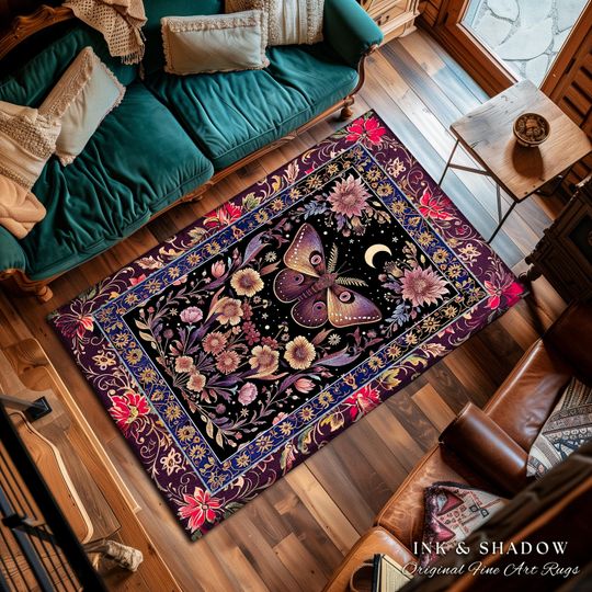 Discover Mystic Moth Moon Rug Whimsigothic Purple Dark Cottagecore Witchy Wildflower Decor, Whimsical Boho Butterfly Floral Fairycore Retro Celestial