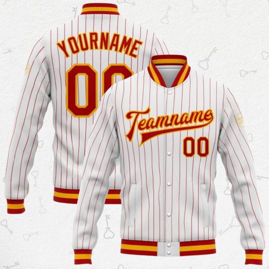 Discover Custom Baseball Jacket - Red & Gold Varsity Style - Personalized Name - Number - Retro Gift for Him or Her