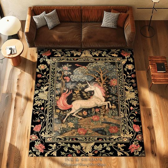 Folklore Unicorn Rug | Princesscore Room Decor William Morris Inspired Cottagecore Aesthetic Fairycore Bedroom Magical Unicorn Art Medieval