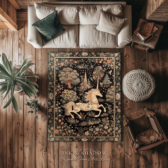 Discover Fairy Grunge Unicorn Rug | Folklore Aesthetic Nursery Decor Morris Style Cottagecore Woodland Fairycore Mystical Throw Ethereal Unicorn Art
