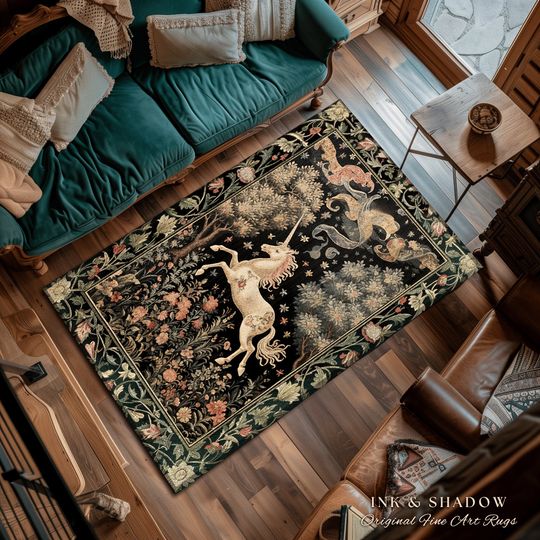 Ethereal Unicorn Whimsical Rug | Folklore Nursery Decor William Morris Inspired Cottagecore Aesthetic Fairy Woodland Pastel Magical Decor