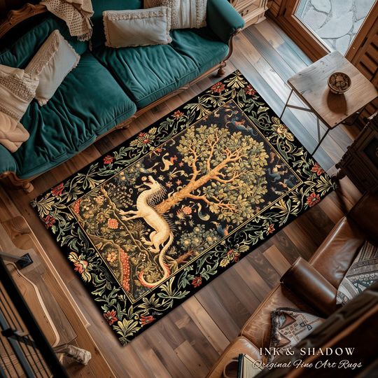 Folk Art Dragon Rug | Mystical Home Decor Morris Style Bedroom Fairy Core Aesthetic Maximalist Gift for Goths Woodland Cottagecore Dragon
