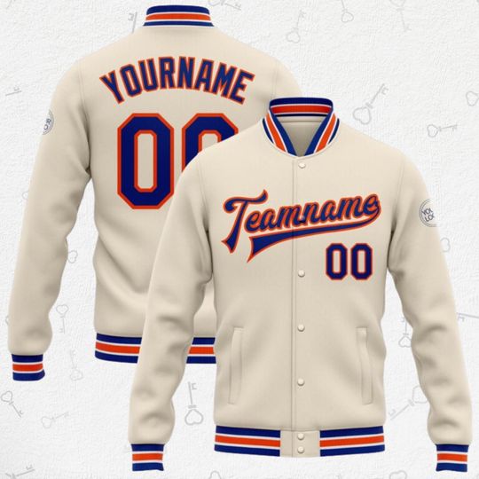 Discover Custom Varsity Letterman Jacket  Your Name, Team Name & Number | Cream Snap-Front | Blue/Orange Trim | Unisex