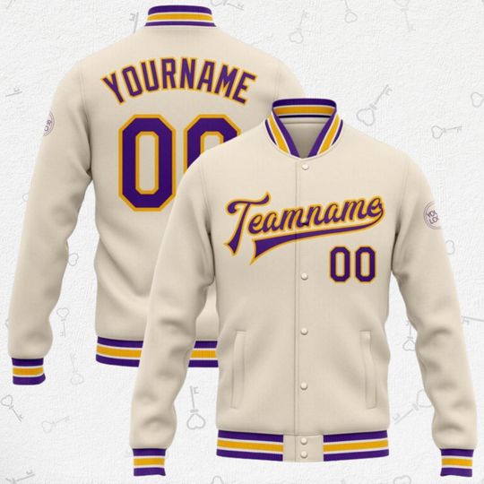 Custom Baseball Jacket  Your Name, Team Name & Number | Purple/Gold Trim | Unisex